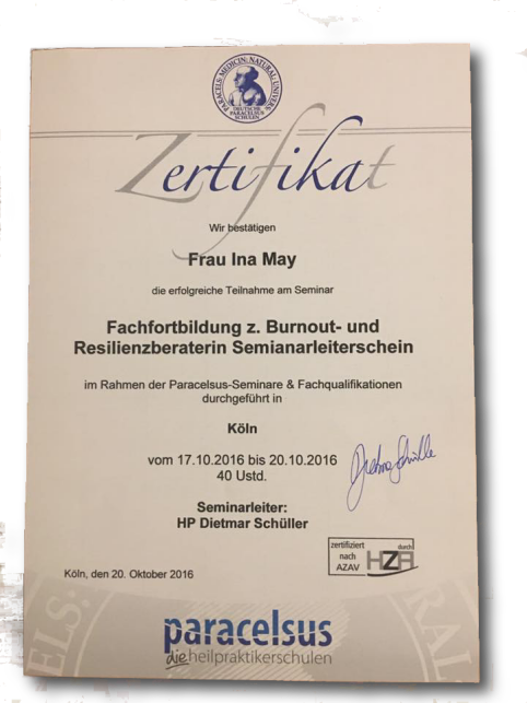 Seelenfitness Ina May - Zertifikat Burnoutberaterin