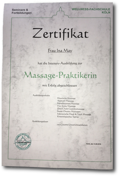 Seelenfitness Ina May - Zertifikat Massage Praktikerin