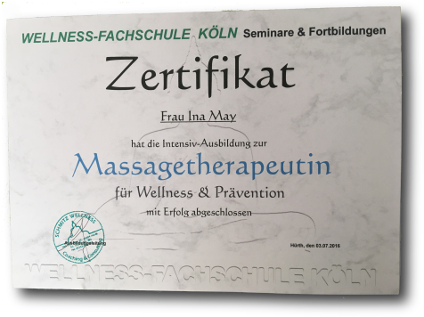 Seelenfitness Ina May - Zertifikat Massagetherapeutin