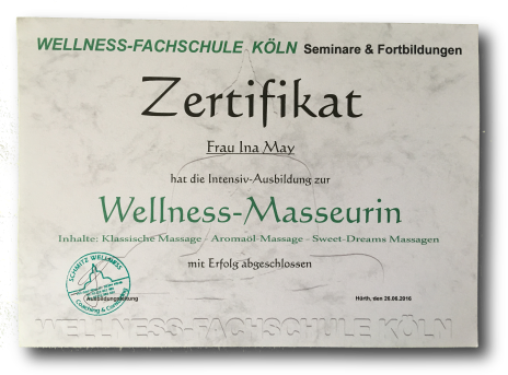 Seelenfitness Ina May - Zertifikat Wellness Masseurin